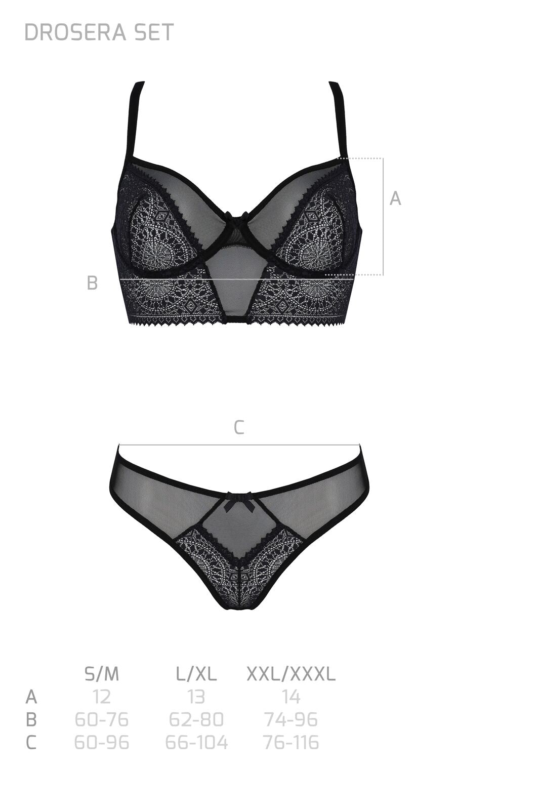 Комплект Passion DROSERA SET black, L/XL, сітка+мереживо, бюстьє та трусики танга
