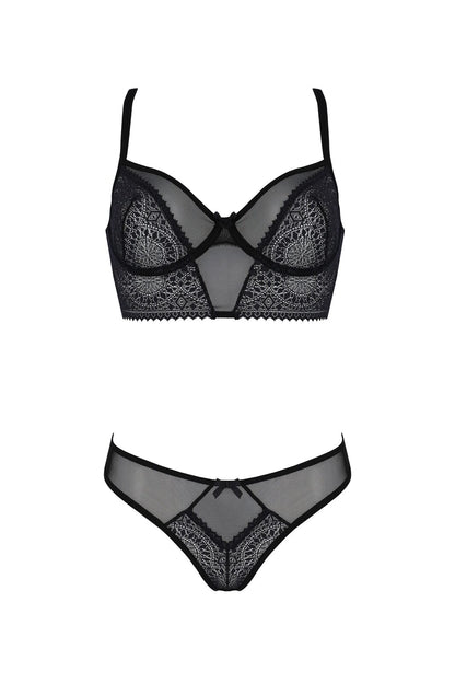Комплект Passion DROSERA SET black, L/XL, сітка+мереживо, бюстьє та трусики танга