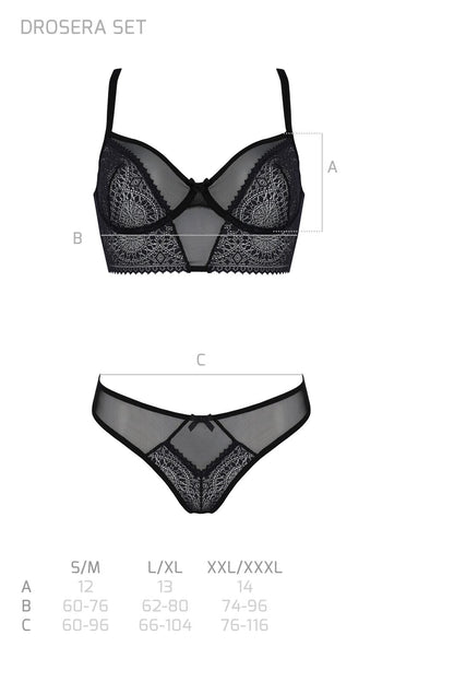 Комплект Passion DROSERA SET black S/M, сітка+мереживо, бюстьє та трусики танга
